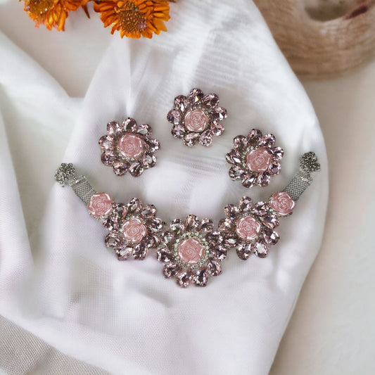 Glass Stone necklace set with earrings and adjustable fingerring blush-pink in color