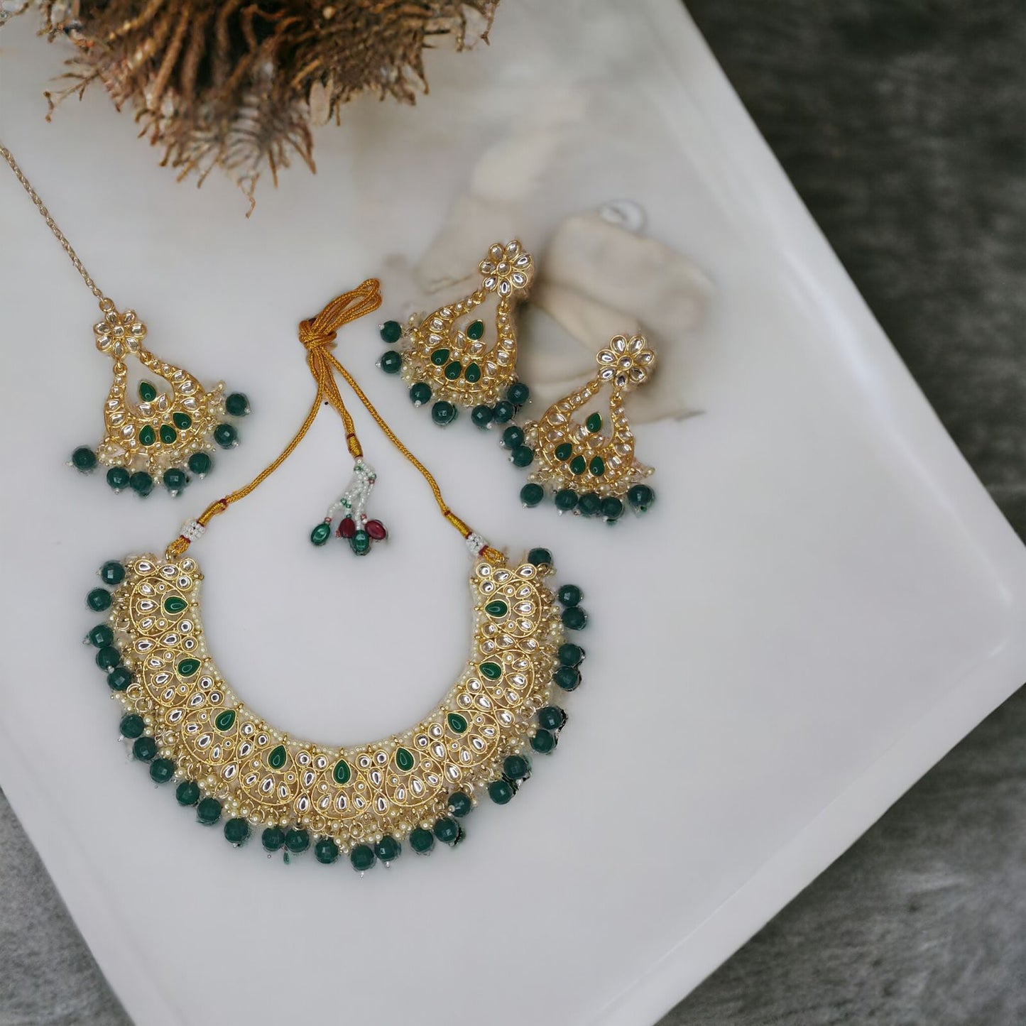 Kundan with hydro crystal necklace earrings mangtika set Green in Color