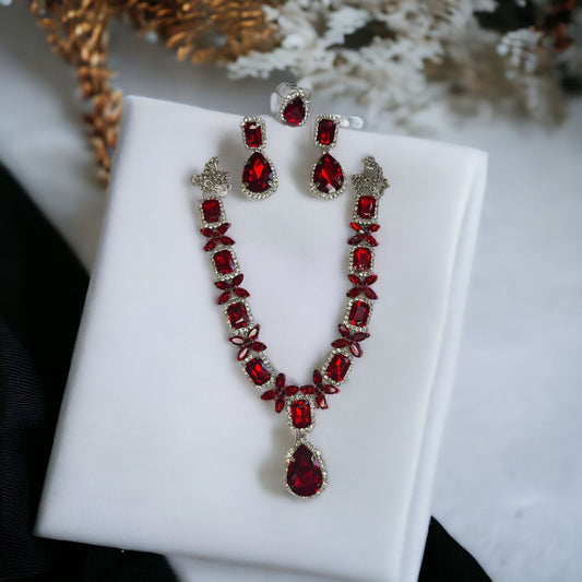 Glass Stone Necklace Set With Earrings And Adjustable Finger-Ring Red Color