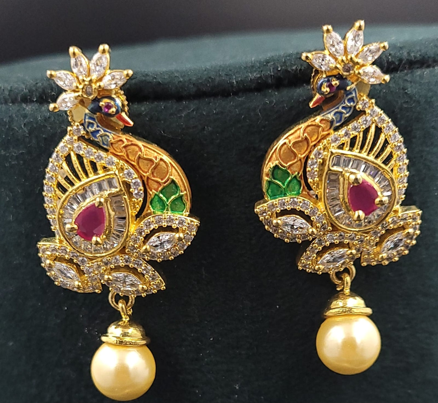 22K Gold Plated Indian meenakari peacock Necklace chain earrings pendant  set kK 