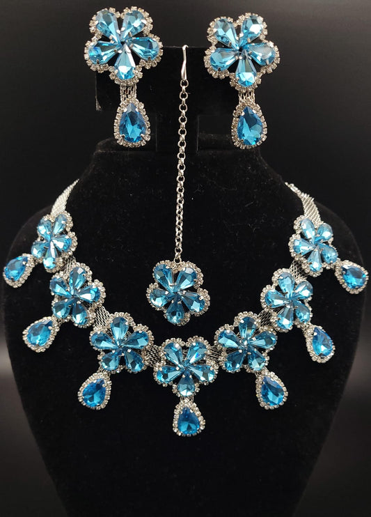 Glass stone CZ Necklace Earrings Mangtika set firozi color