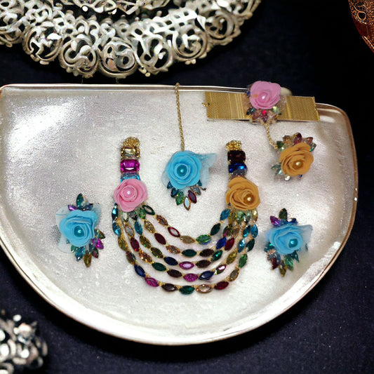 Floral Multi layer Glass Stone Necklace set with earrings mangtika and hath phool