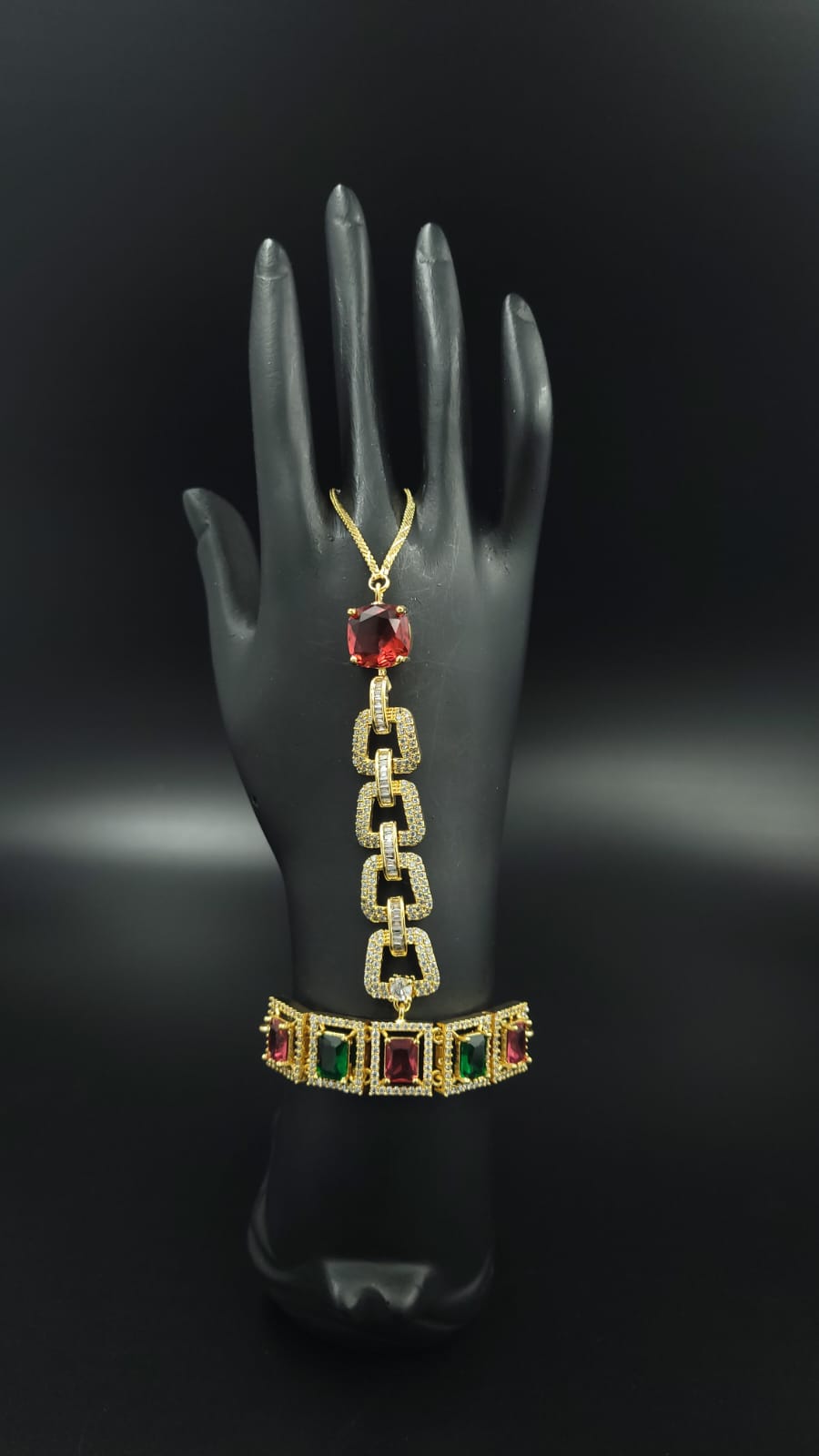 AD hath phool | Hath panja | Hand Bracelet  with adjustable pully (Free Size) Red and Green in color | Gold Plating