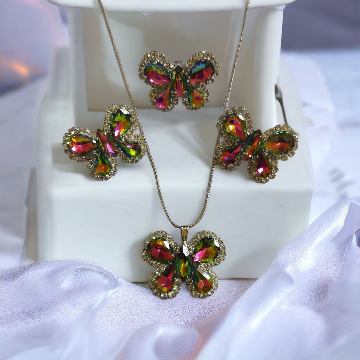 Glass Stone Butterfly pendent set with adjustable fingerring and earrings VM color