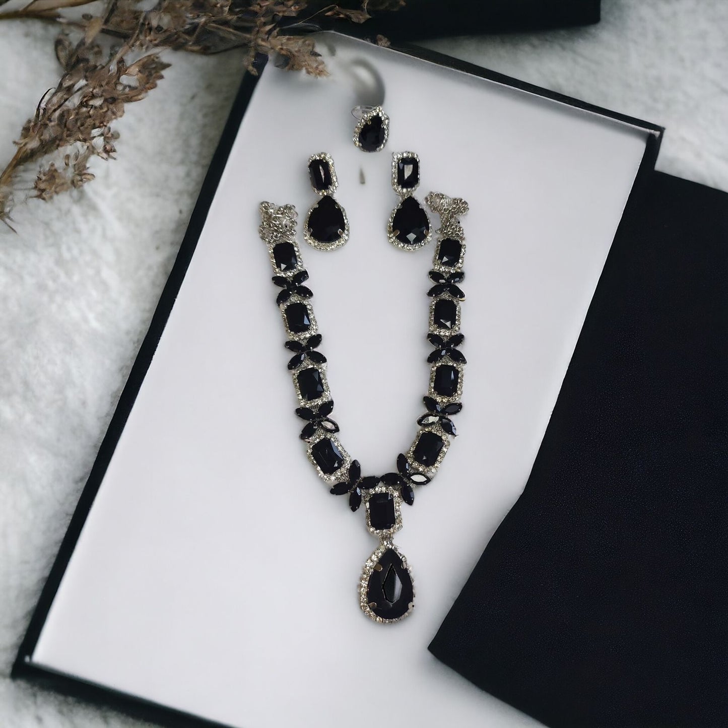 Glass Stone Necklace Set With Earrings And Adjustable Finger-Ring Black Color