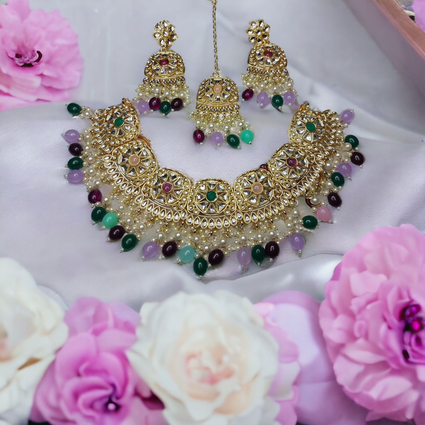 Kundan Hydro Crystal Necklace Set With Earrings Mangtika Multi-Color