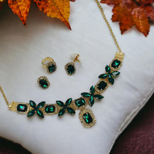 Glass Stone Necklace Set With Earrings And Adjustable Fingerring Green Color